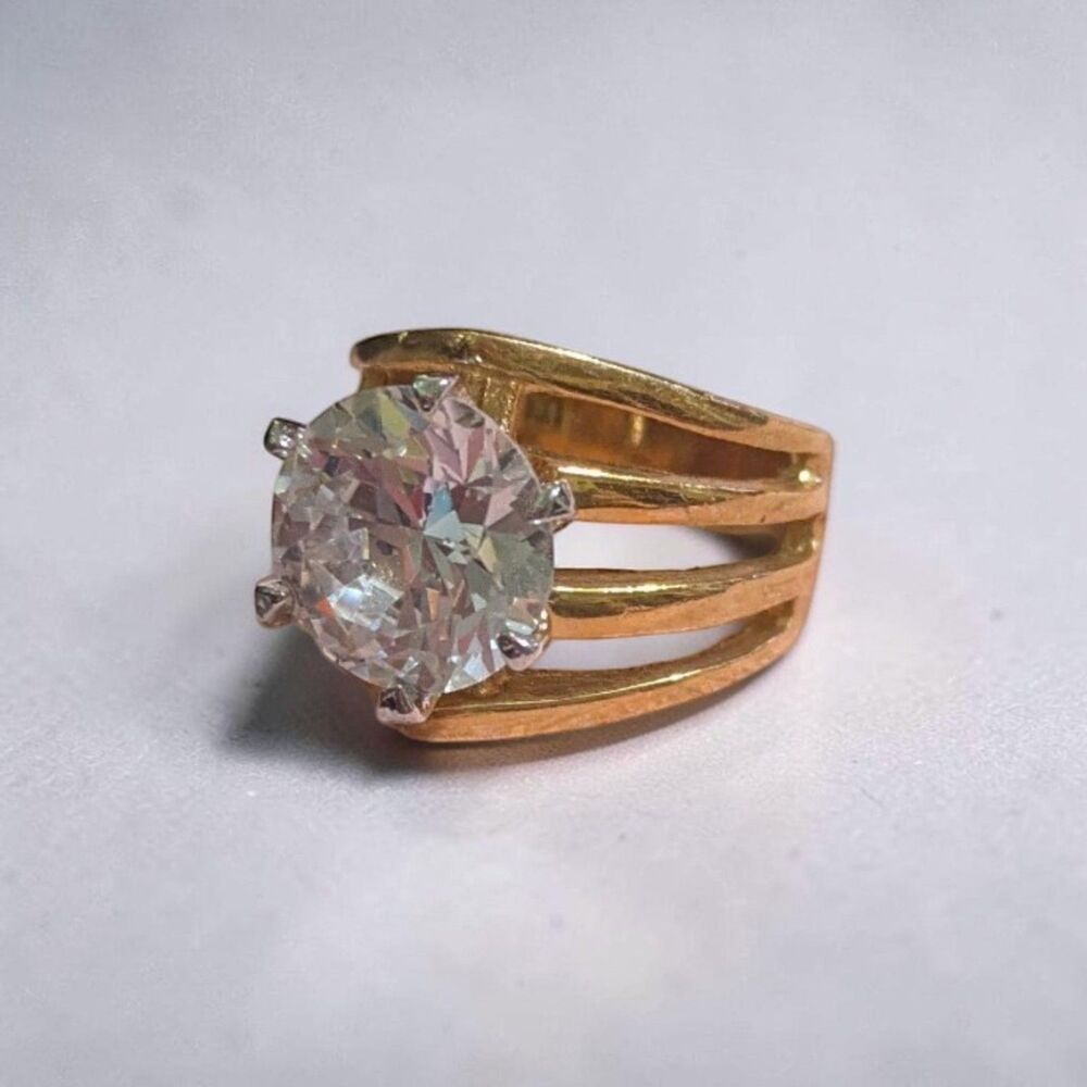 Gold Tone Solitaire Statement Ring, Round Clear CZ Ring, Wide Split Ring, Size 5